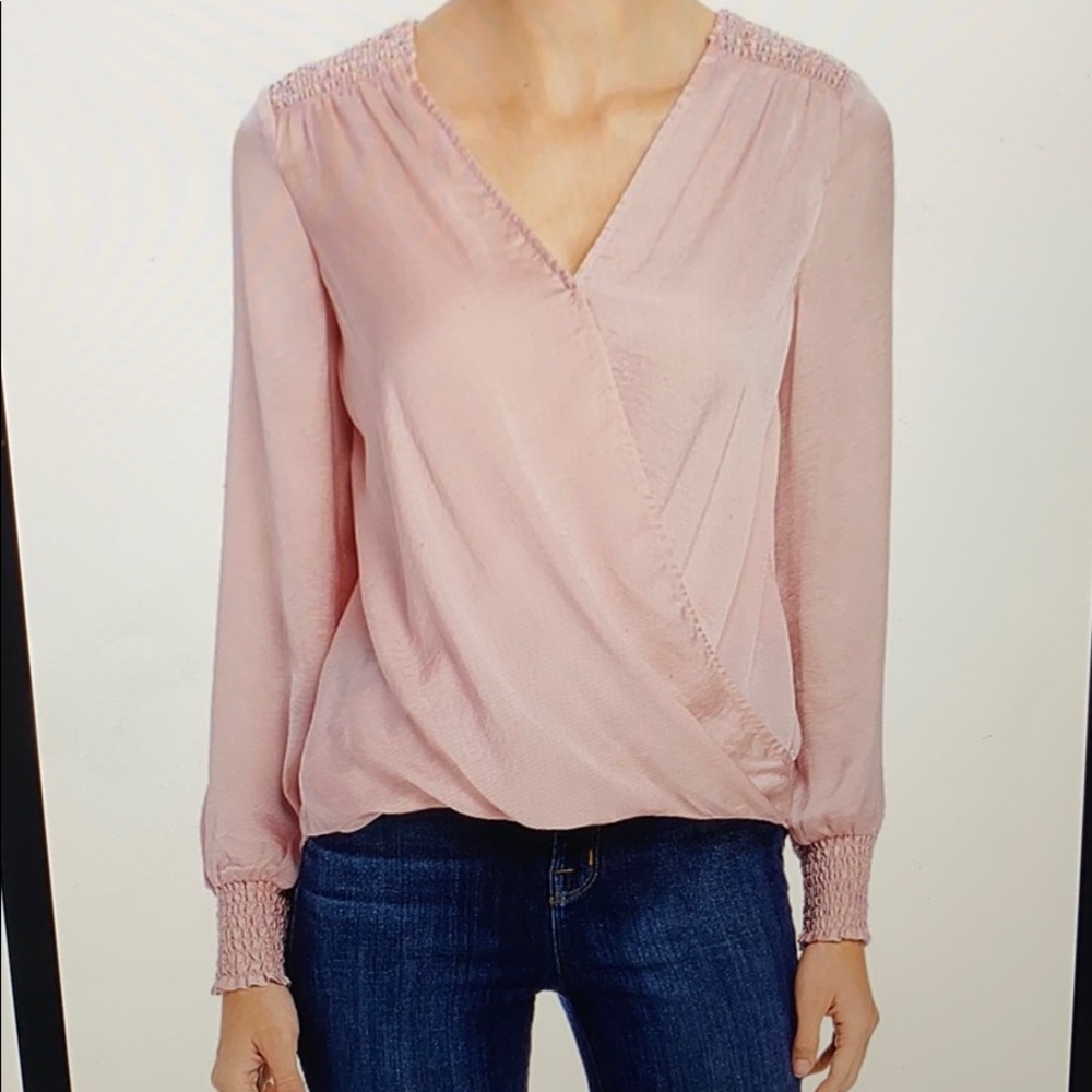 New smocked faux wrap-top light pink